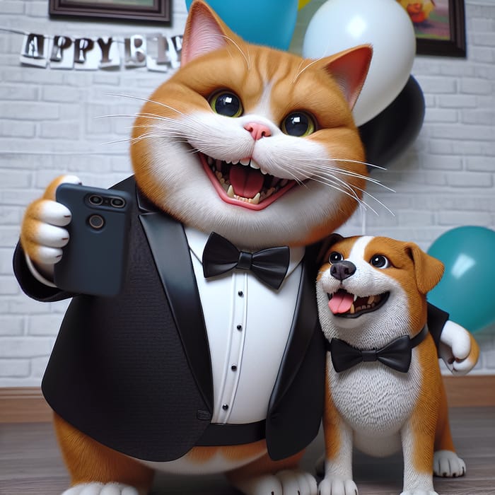 Realistic Cartoon Cat in Tuxedo Taking Selfie with Dog | Birthday Balloons Fun