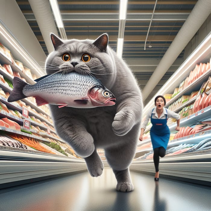 Grey British Cat Caught Stealing Fresh Fish in Supermarket