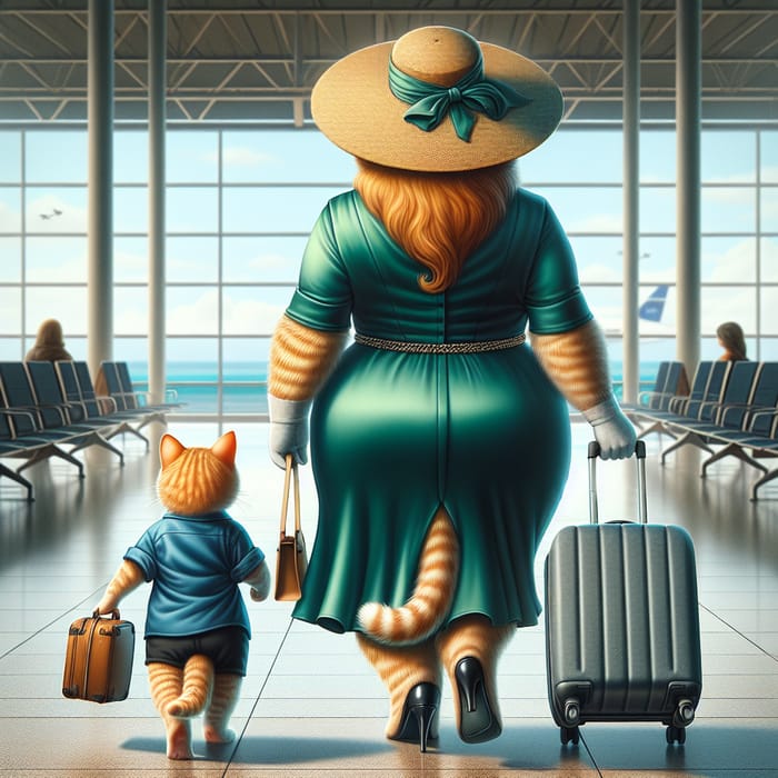 Full Red Cat and Kitten in Green Outfits at Airport - Realism and Beauty