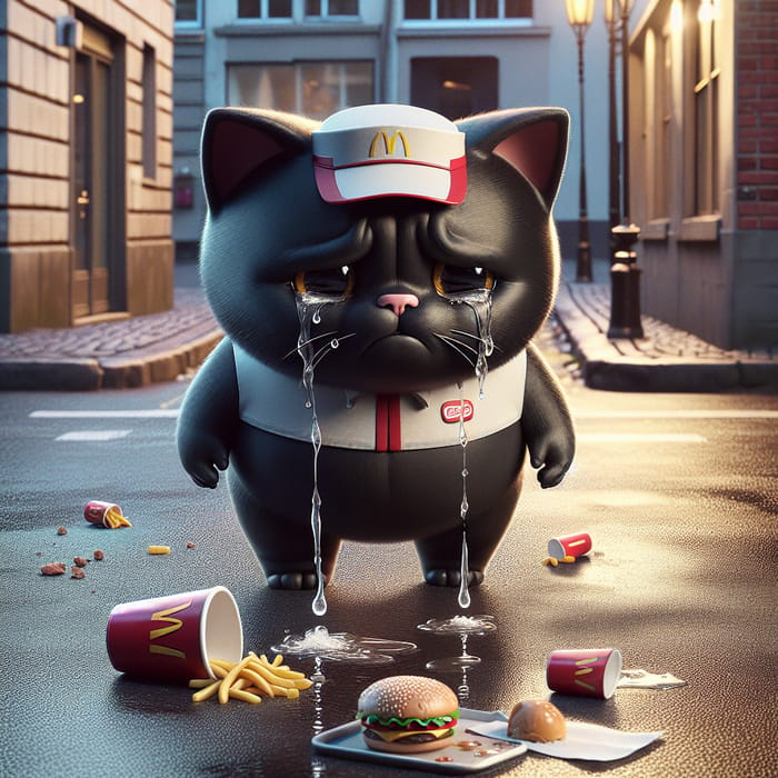 Hyperrealist Image of a Sorrowful Cartoon Black Cat in Fast-Food Uniform