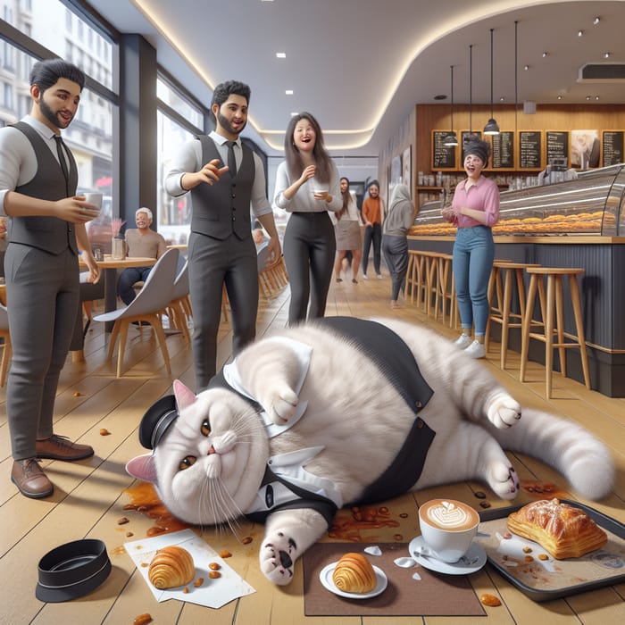 Realistic British Cat Café Waiter Chaos Scene