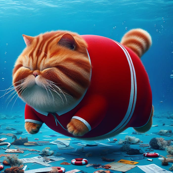 Adorable Red Cat in Red Outfit Swimming Among Passengers' Belongings
