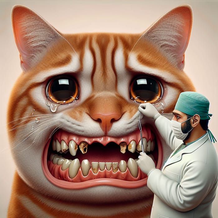 Chubby Animated Ginger Cat with Diseased Teeth and Crying Eyes