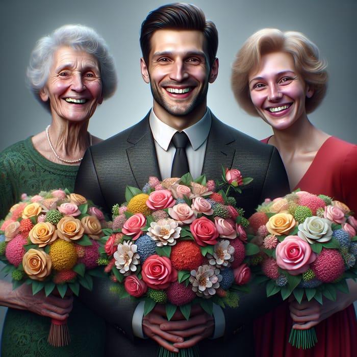 Charming Slavic Man in Classic Suit with Family and Bouquets