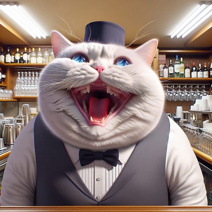 Realistic British Cat in White Waiter Costume Laughing at Café