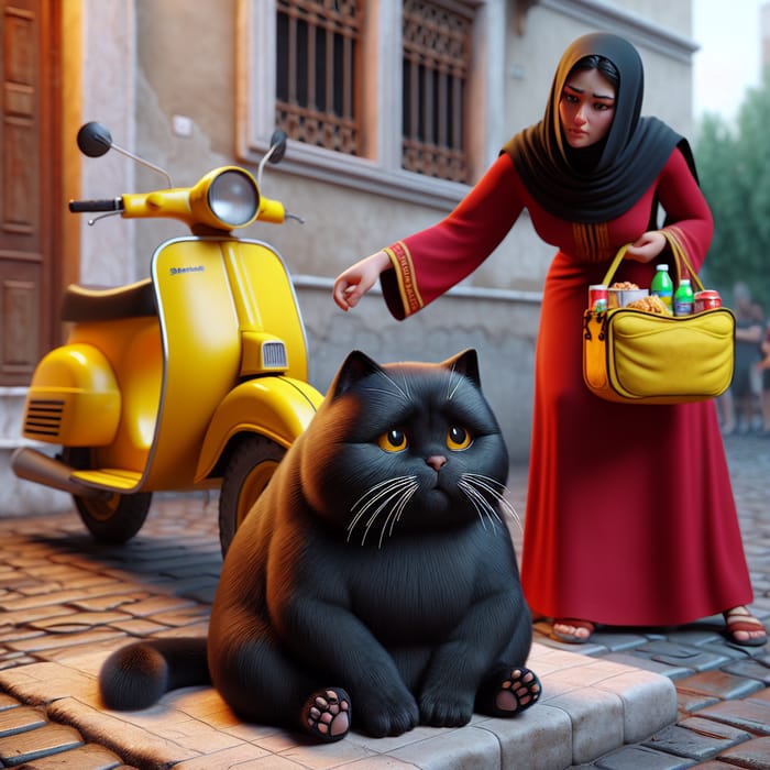 Sad Animated Black Cat on Bench - Real Yellow Moped Scene