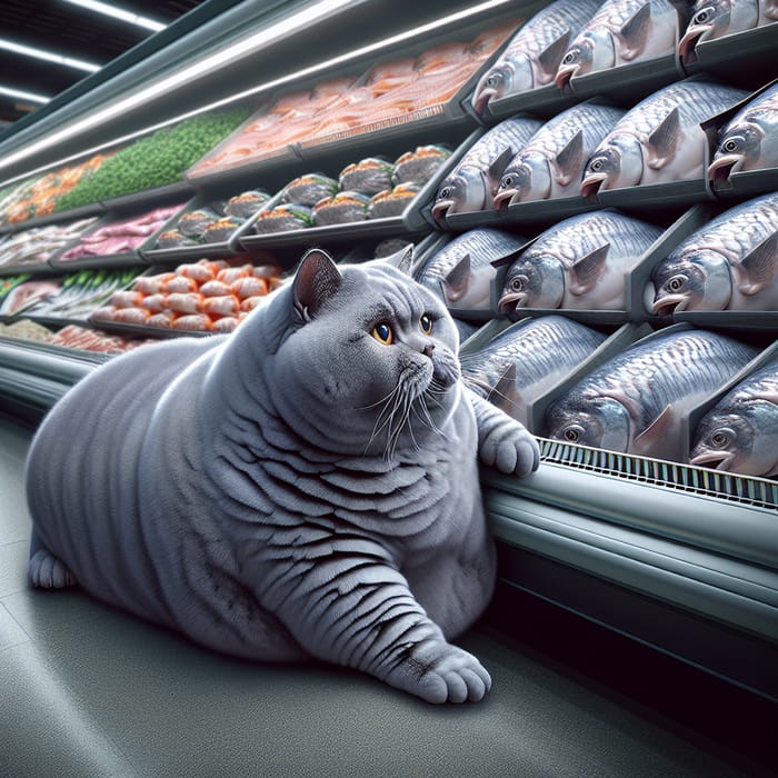 Chunky Gray British Shorthair Cat in Supermarket with Fresh Fish