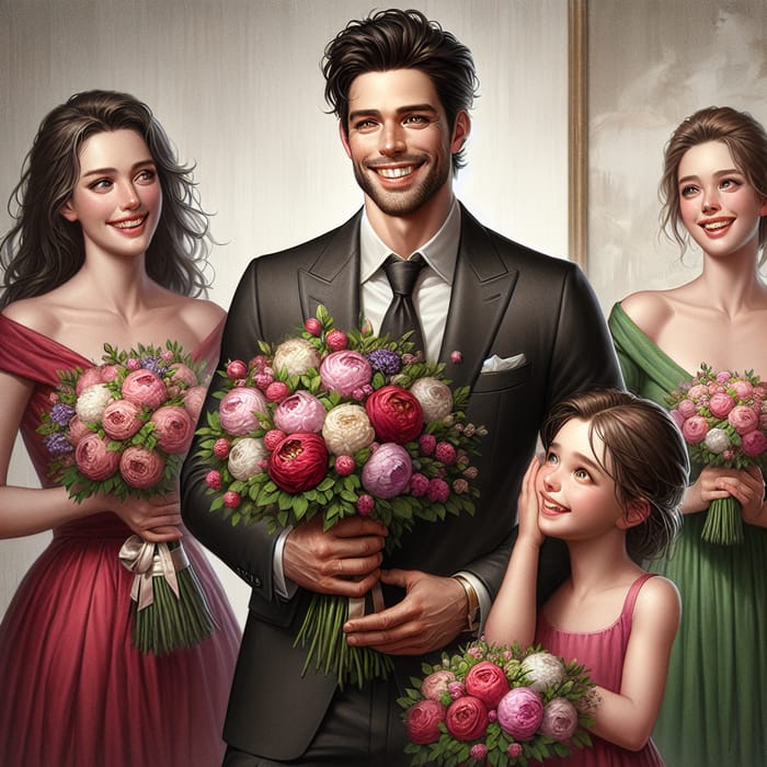 Elegant Family Portrait - Smiling Man in Suit with Bouquets