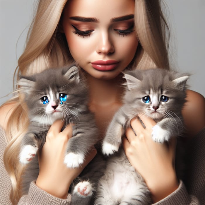 Beautiful Blonde Girl Comforting Three Grey Kittens