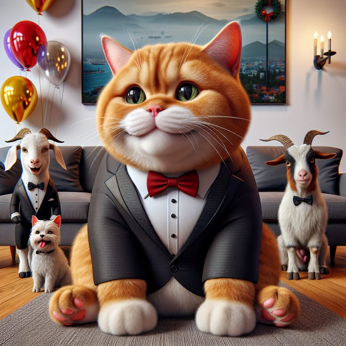 Realistic British Cat in Tuxedo with Party Animals