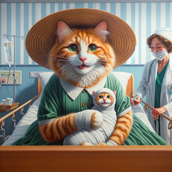 Ginger Cat and Kitten Hospital Moment in Straw Hat | Realism