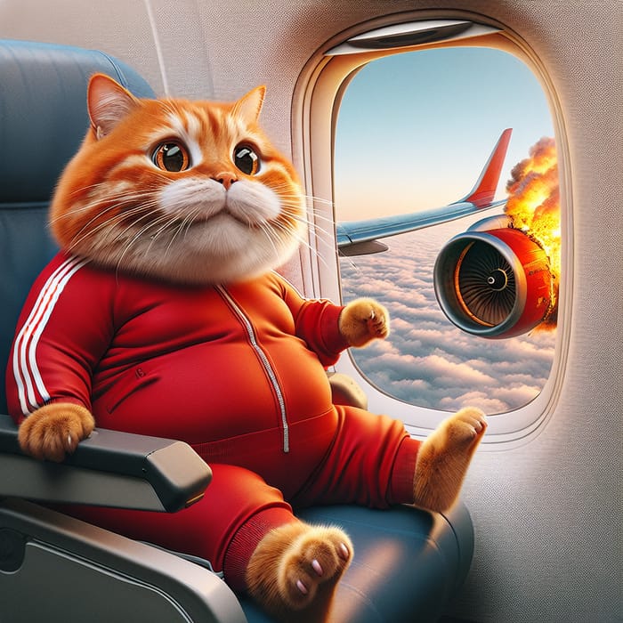 Realistic British Cat in Red Athleisure Sits by Airplane Window