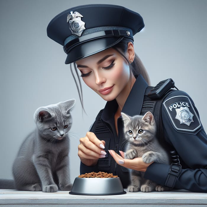 Beautiful Gray Cat and Kitten with Officer | Realism Scene