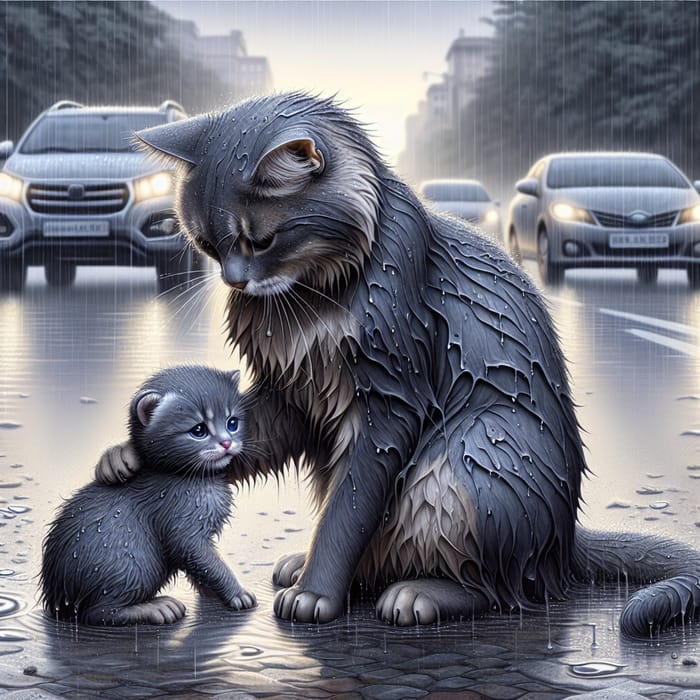 Touching Scene: Gray Cat Comforts Wet Kitten in Rain | Hyperrealism