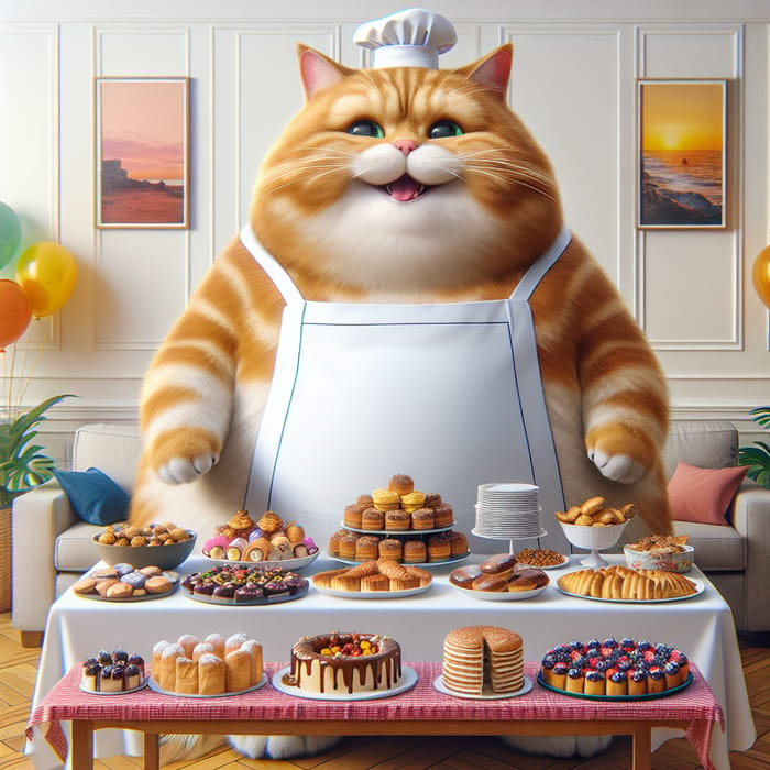 Realistic British Cat Chef Serving Pastries in Spacious Room