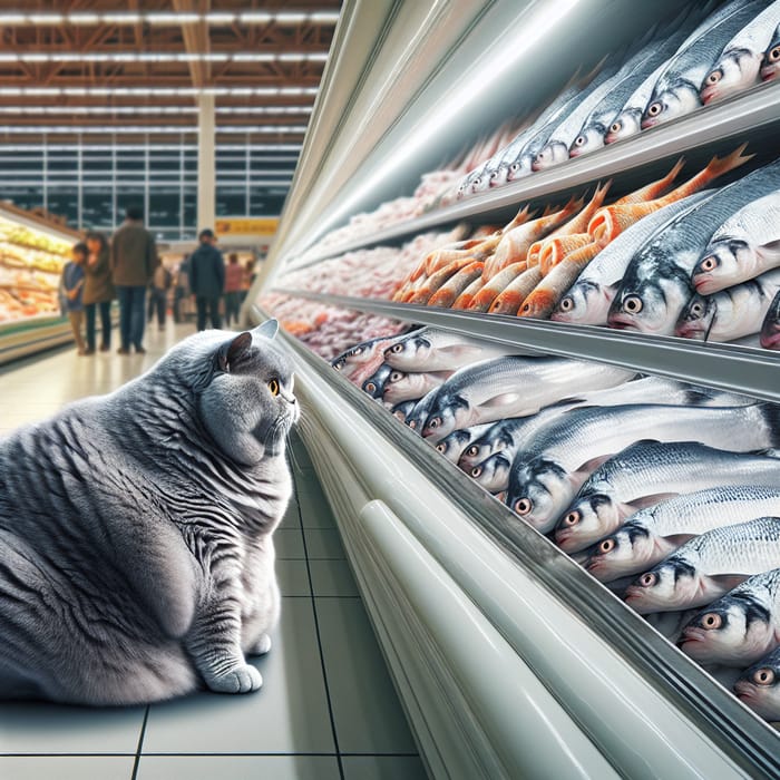 British Shorthair Cat in Grocery Store Admiring Abundance of Fresh Fish