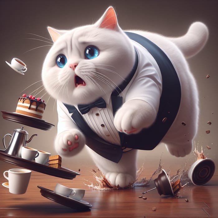 Realistic White British Cat Waiter Spills Coffee - Hyperrealism Art