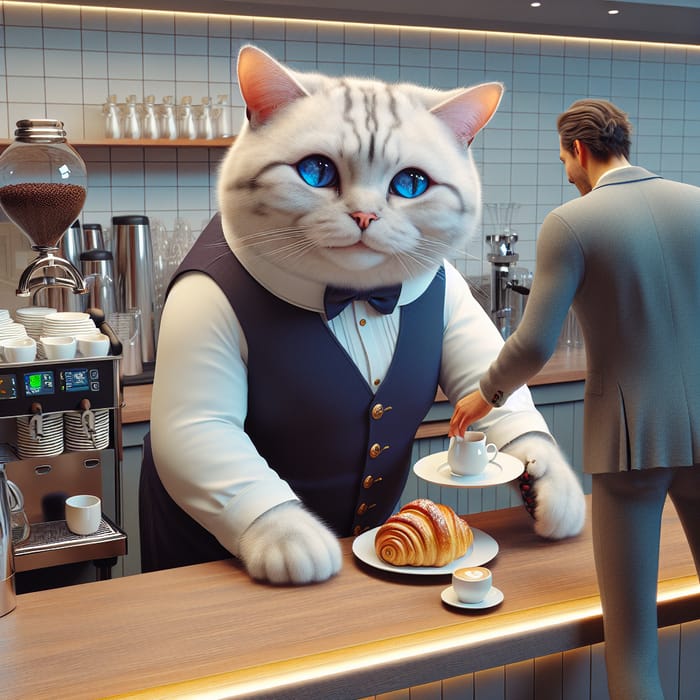 Charming Realistic British Cat Waiter Serving Pastry in Cafe