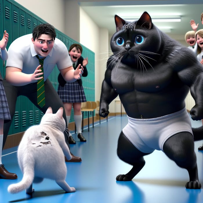 Realistic Black British Cat Wrestler in School Hallway
