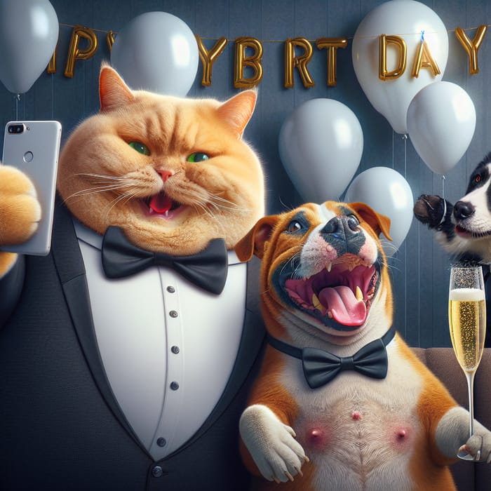 Charming Realistic Cat Selfie with Cow and Dog in Tuxedos