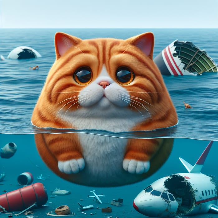Realistic British Cat in Plane Crash Underwater Scene