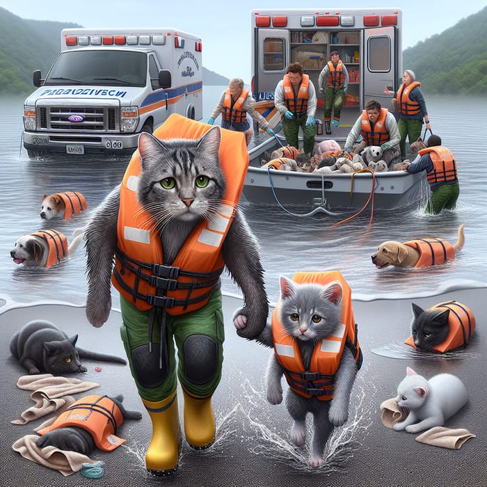 Real Life Grey Cat & Kitten in Orange Safety Vests Rescued