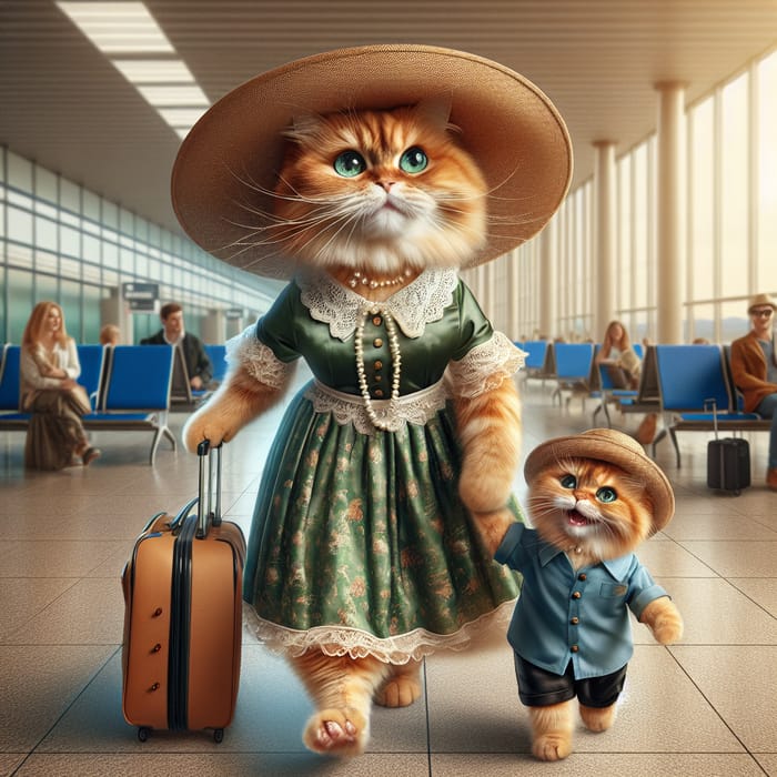 Ginger Cat and Kitten Traveling in Style - Realistic Artwork