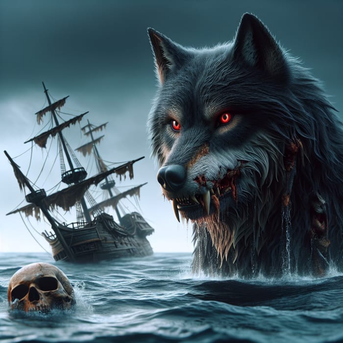 Pirate Wolf in Hyper-Realistic Sea Scene