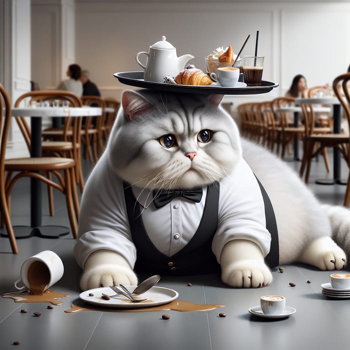 Realistic British Cat Waiter Cafe Mishap Scene