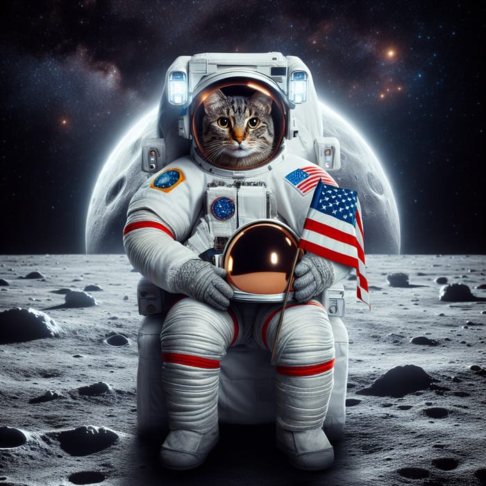 Feline Astronaut on Moon Holding American Flag | Hyperrealistic Spacescape