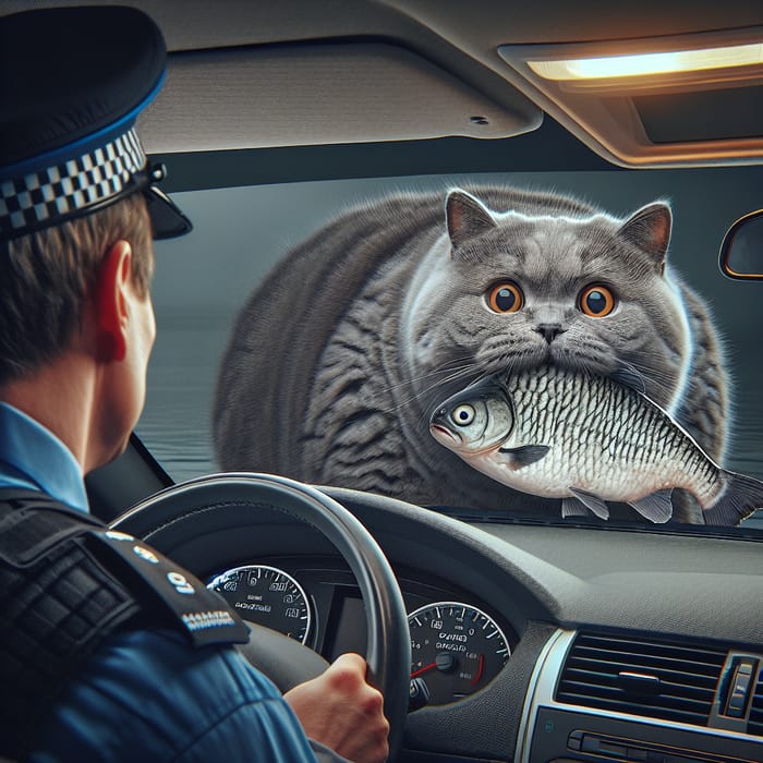 Fat British Cat Driving Car with Big Fish, Scared of Policeman