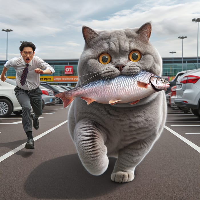 Big Gray British Cat with Fish in Parking Lot, Running in Fear
