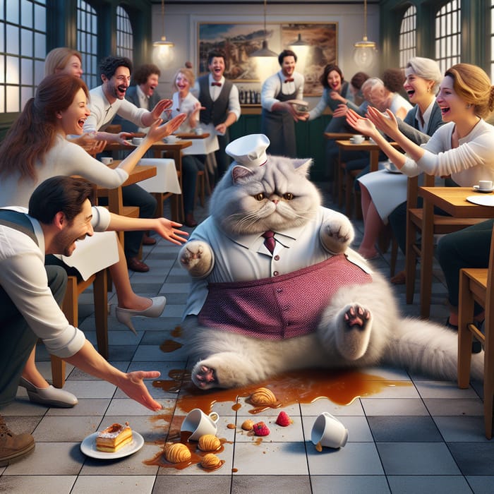 British Cat Waiter in Mishap Scene at Cafe | Hyperrealism Art