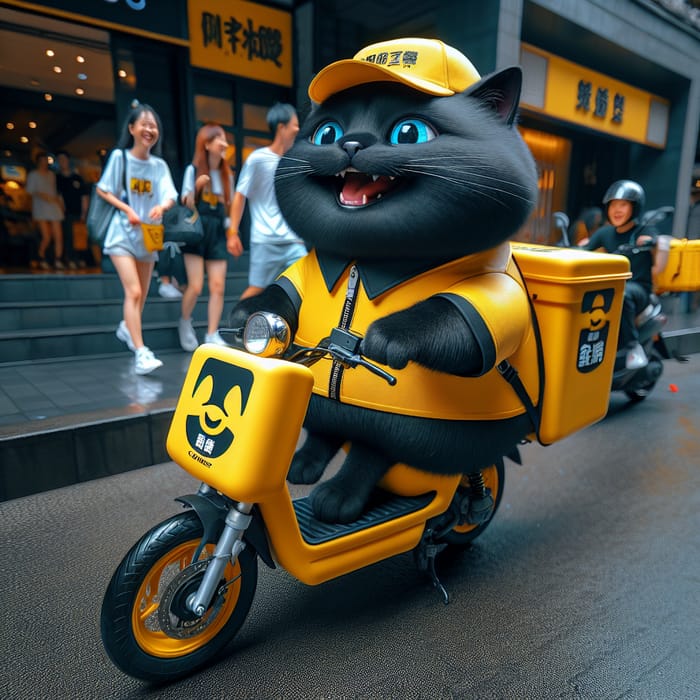 Delightful Chubby Black Cat in Yellow Courier Uniform on Moped