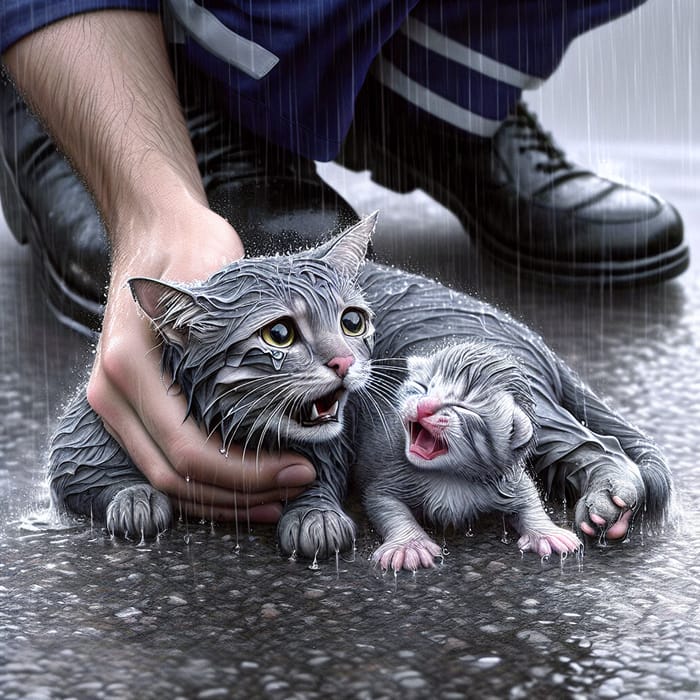 Police Rescuing Wet Gray Cat and Kitten in Emotional Scene