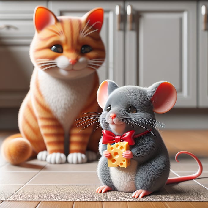 Tiny Gray Mouse with Cheese and Red Cartoon Cat