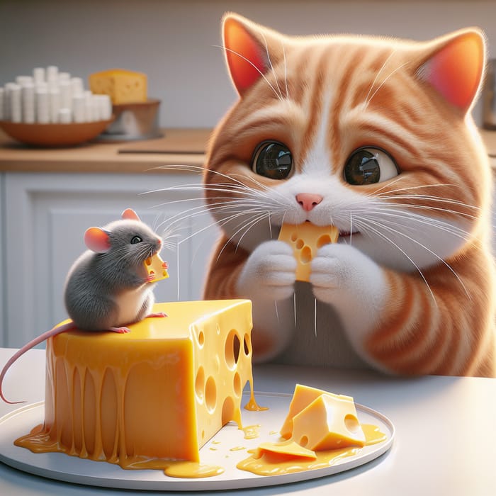 Hyper-realistic Grey Mouse and Cartoonish Ginger Cat with Cheese