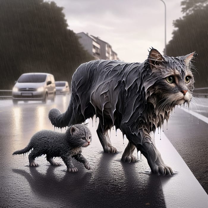 Grey Cat and Kitten Walking Along Road in Rain: Realistic High-Res Imagery