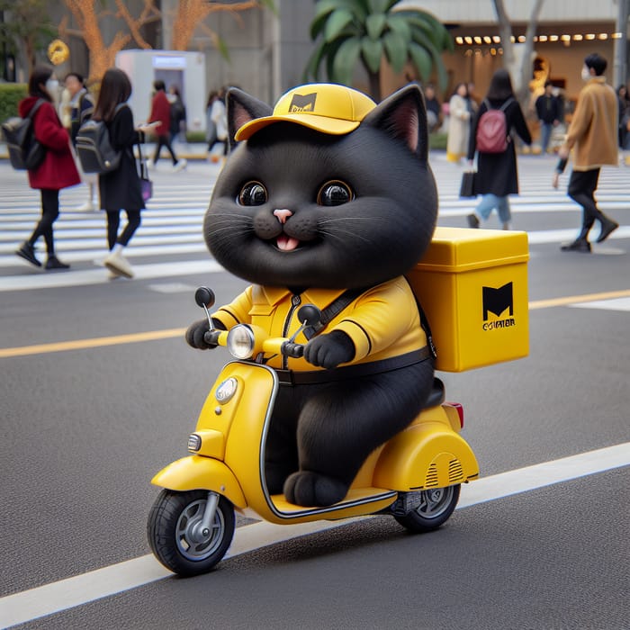 Chubby Cartoon Cat Turned Real Life Courier: Yellow Moped Adventure
