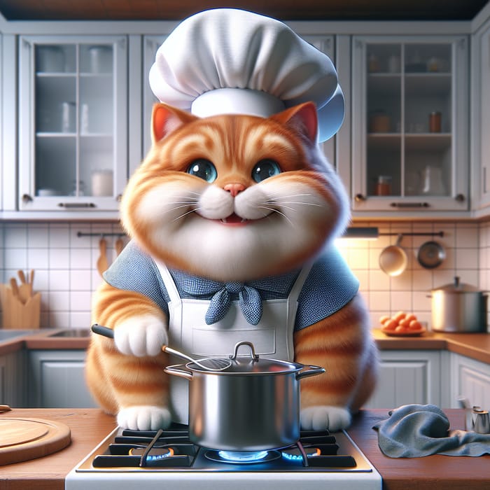 Chubby Ginger British Cat Chef Cooking Happily in Kitchen