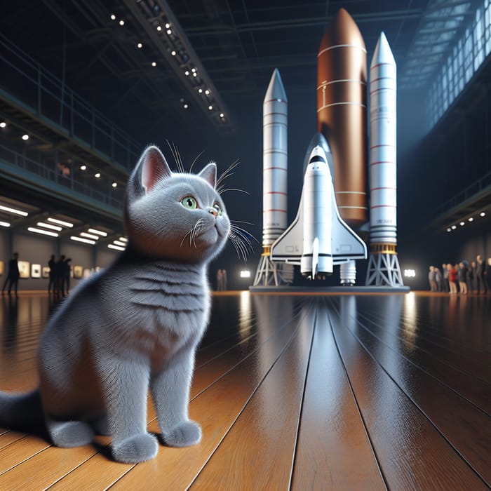 Plush Grey Kitten Admiring Real-life Rocket in Space Museum