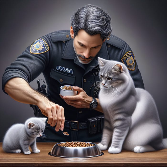 Beautiful Adult Grey Cat and Kitten with Policeman Feeding Them