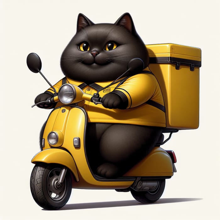 Chubby Black Cat Courier on Yellow Moped | Realistic Illustration