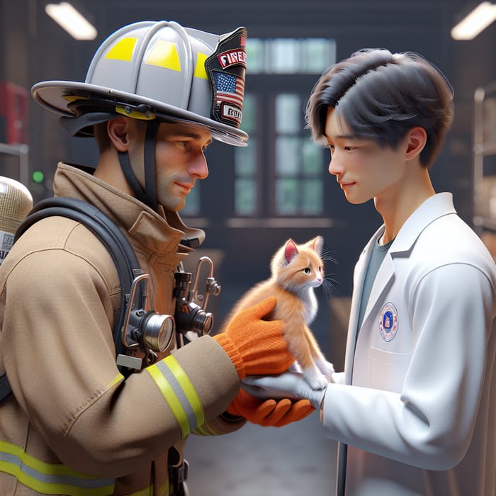 Aesthetic Hyperrealism: Caucasian Firefighter Passes Orange Kitten to Asian Scientist