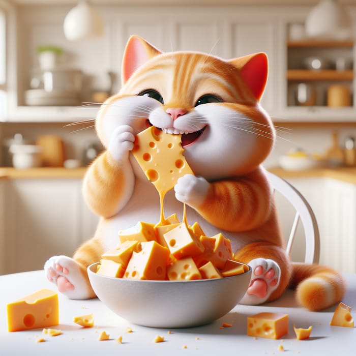 Adorable Orange Cat Eating Cheese | Realistic Kitchen Scene