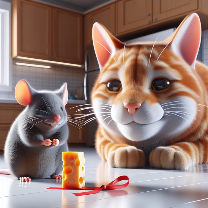 Hyper-Realistic Grey Mouse and Ginger Cat with Cheese Delight