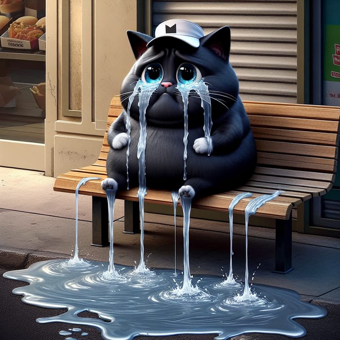 Plump Cartoon Black Cat Crying on Bench | Hyperrealistic Scene