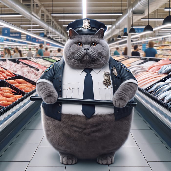 Thick British Cat Police Officer with Rubber Baton in Fish Market