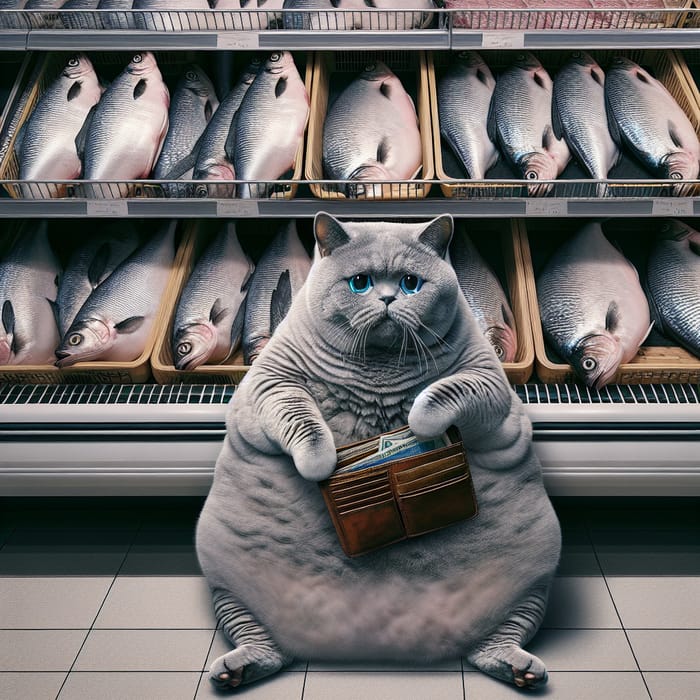 Sad British Shorthair Cat in Grocery Store | Realistic Fish Scene