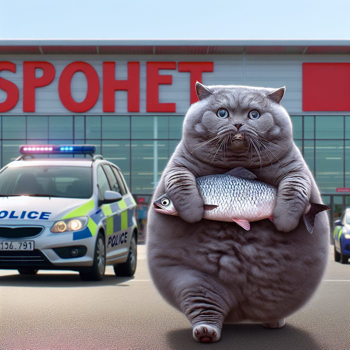 Chubby Grey British Cat with Fish in Teeth at Supermarket Parking Lot